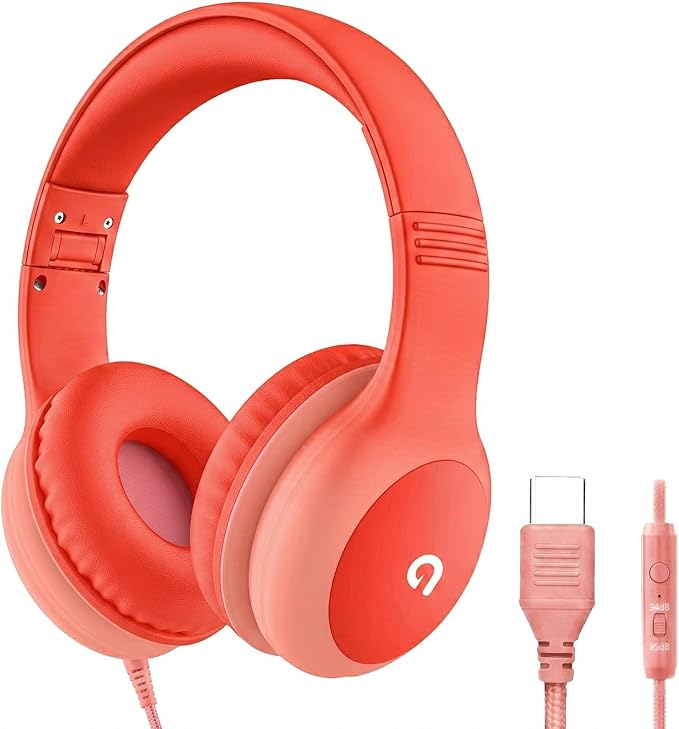 Wired Kids Headphones with USB C Plug, 85dB Safe Volume, Adjustable Headband, Tangle-Free Cord Headphones for School, Tablet, Travel (Coral Red & Soft Peach, with Microphone)