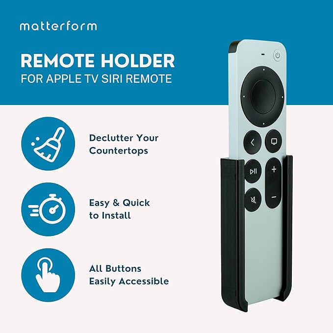 Remote Holder for Apple TV Siri Remote Control | Surface or Wall Mounted Remote Organizer | Includes Adhesive Tape, Magnet and Screw Mounting Options (Black)