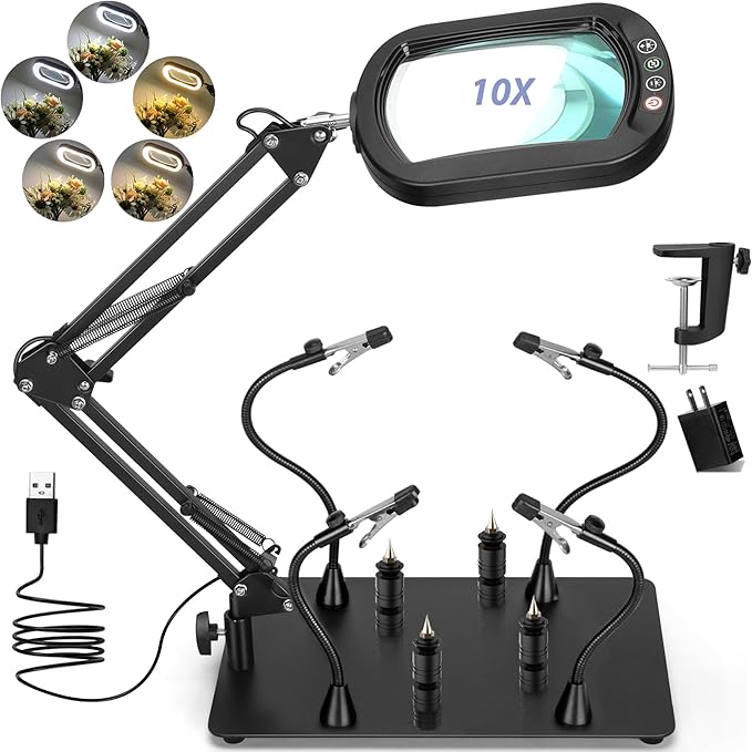 Drdefi Helping Hands Soldering Station, 10X Square Magnifying Glass with Light and Stand, 4 Magnetic Third Hands & 4 PCB Circuit Board Holders, Hands Free Magnifier Desk Lamp for Repair Soldering