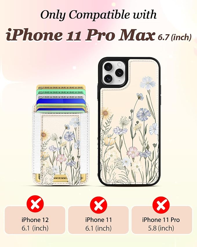 Shorogyt for iPhone 11 Pro Max Wallet Case - Fits 5 Cards, Compatible with Magsafe Magnetic Credit Card Holder Leather Cardholder Cute Phone Cover Women Girls for Apple 11 ProMax, Color Flower