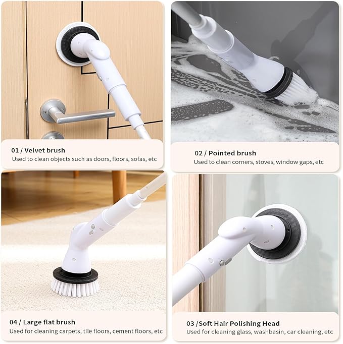 Electric Spin Scrubber, Cordless Bathroom Shower Cleaner, Cleaning Brush with 9 Brush Heads 2H Power Dual Speed, Adjustable & Detachable Long Handle, IPX7 Waterproof for Tub Tile Floor Car