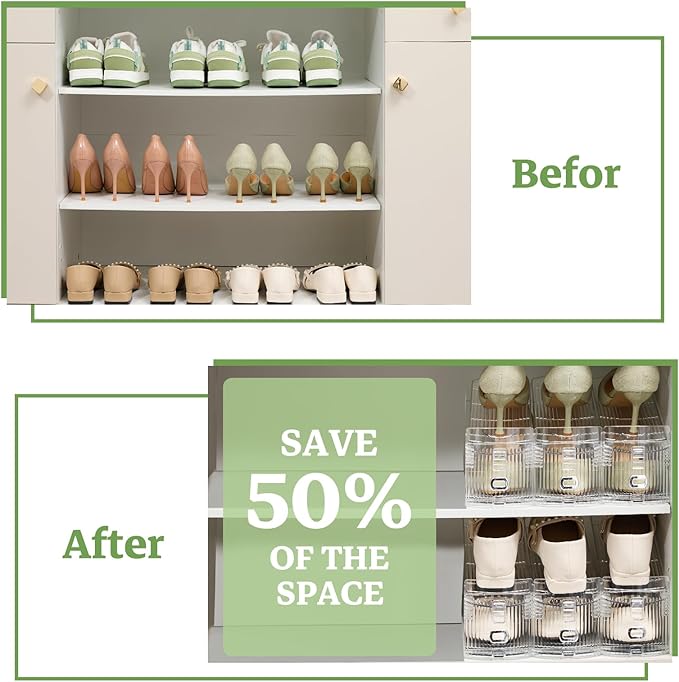 Clear Shoe Slots Organizer, 24 Pack Adjustable Shoe Rack Storage Space Saver, Non-slip, Easy to Install