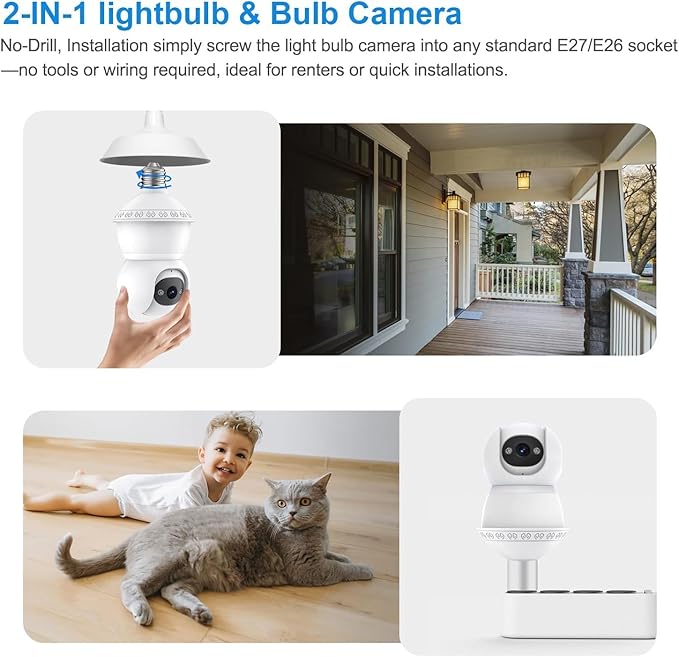 Light Bulb Security Camera, 5G/2.4GHz WiFi Lightbulb Cameras Outdoor for Home Security,2-IN-1 Bulb Security Camera with LED Light E27 Compatible, Smart AI Human Detection,Color Night Vision (1Pack)
