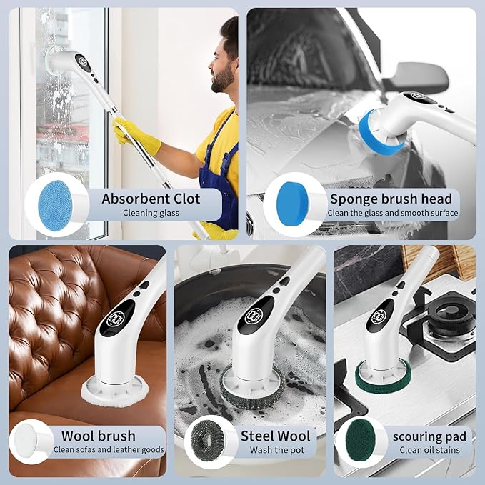 CenGoes Electric Spin Scrubber Cordless Cleaning Brush Shower Cleaning Brush with 9 Replaceable Brush Heads Long Handle Shower Cleaner Brush for Bathroom, White, TD-8136