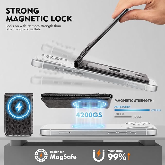 Compatible with Magsafe Case with Card Holder for Men Women Magnetic Ultra-Thin Wallet Bracket Adjustable Bracket for iPhone 17/16/15/14/13/12 Pro/Pro Max/PlusSeries,Leopard-Black