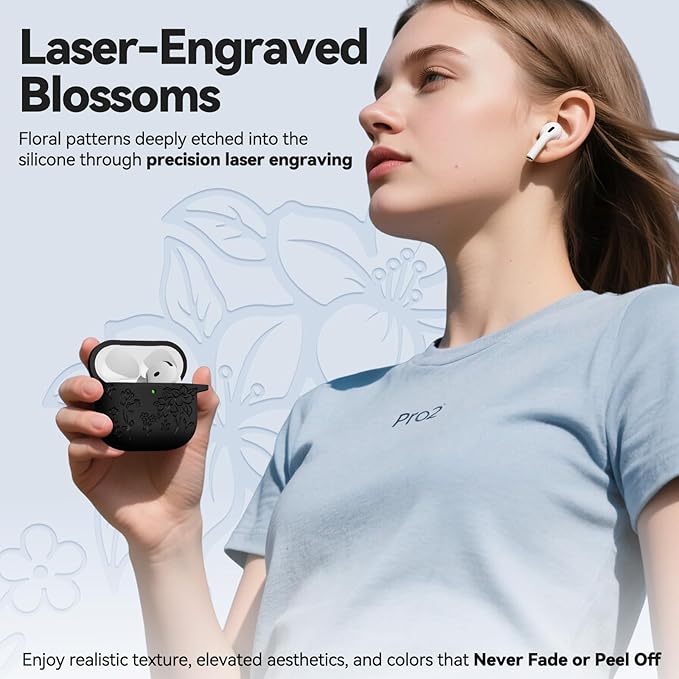 for AirPods 4 Case, Soft Silicone Flower Engraved Airpod 4 Cases with Qute Keychain & Cleaning Kit, Compatible with AirPods 4th Generation 2024 Cover for Women Girly, Anti-Scratch, Shockproof