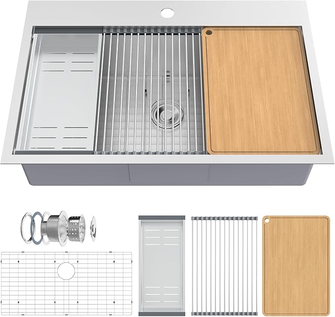 ROVSUN 33 Inch Stainless Steel Drop In, Kitchen Utility Sink, Workstation Deep Single Bowl, Integrated Ledge Multifunctional Workstation Sink Set,Silver