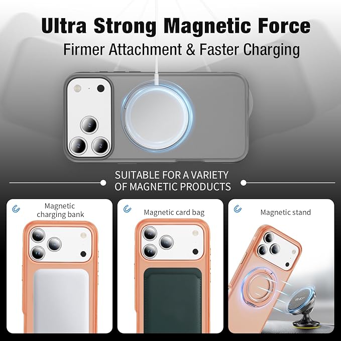 for iPhone 17 Pro Case [Compatible with Magsafe] [15 FT Military Grade Drop Protection] with Screen Protector & Lens Protector,Shockproof Kickstand Phone Case for iPhone 17 Pro (Gray)