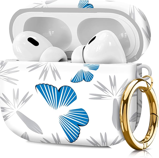 Compatible with Airpod pro 2nd/1st Generation Case Cover with Gold Round Keychain Cute Pattern Hard & Anti Slip Cover for Men Women & Girls（Blue Butterfly）