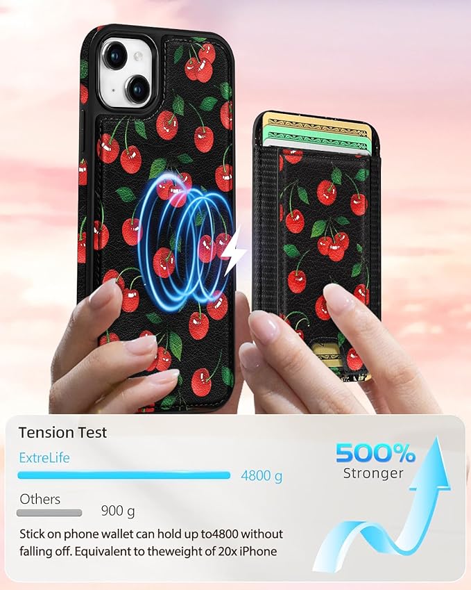 Shorogyt for iPhone 13 Wallet Case - Fits 5 Cards, Compatible with Magsafe Detachable Magnetic Credit Card Holder Leather Cardholder Cute Phone Cover Women Girls for Apple 13, Cherry
