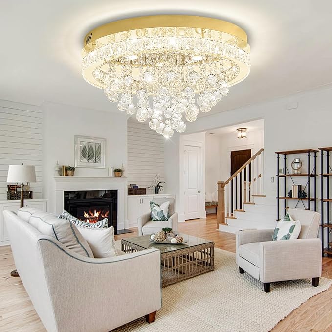 Dia 24" Modern Crystal Chandeliers for Dining Room,Gold Raindrop Chandelier Flush Mount Chandeliers for Living Room Bedrooms Dining Room Dimmable 2700k 4500k 6000k