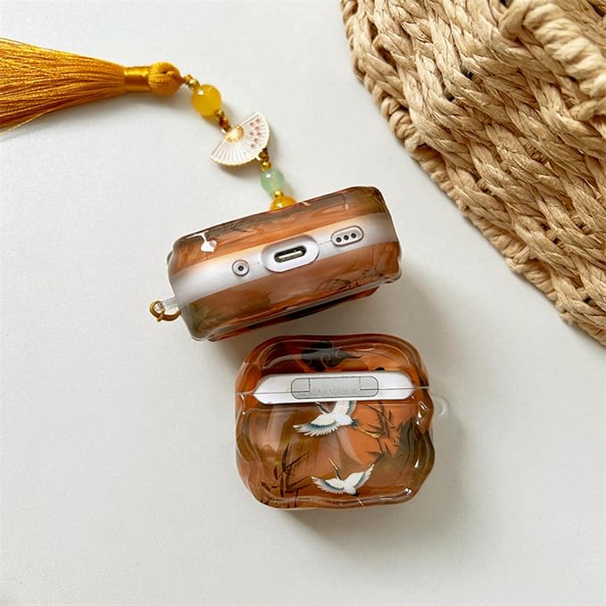 Compatible with AirPods Pro 3 Case Soft with Cleaner Kit Keychain Cute Lucky Elegant Crane Girls Women Cover for Airpods Pro 3rd Generation -Brown