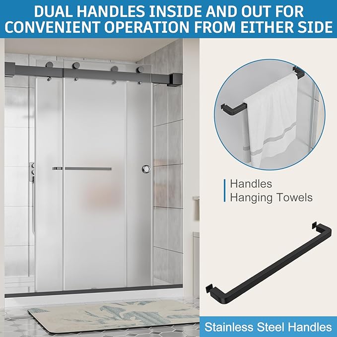 Frameless Shower Door, 56-60" W x 78" H 3/8" (10mm) Thick Tempered Frosted Glass Shower Door with Explosion-Proof Film Nano Coating, Double Sliding Doors for Walk in Shower, Stainless Steel Hardware
