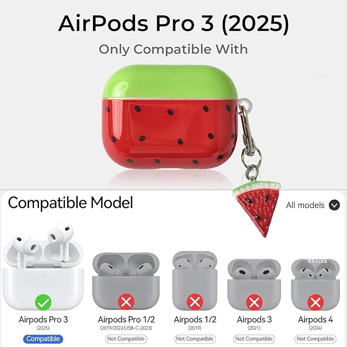 for AirPods Pro 3 Case 2025 - Cute 3D Watermelon IMD Fruit Design for Air pod Pro 3 Cover with Keychain,Soft Shockproof Silicone Cover for Airpods Pro 3 Gen, for Girls Women