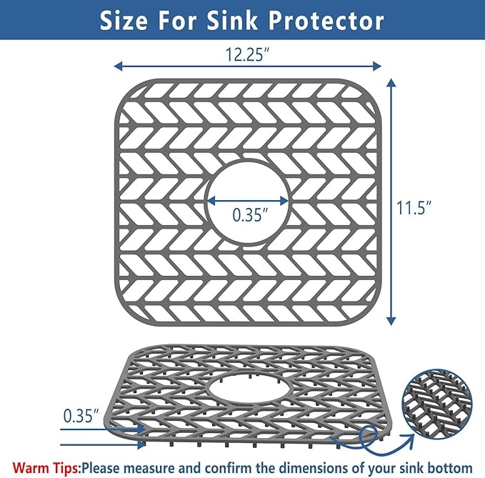 AWOKE Silicone Sink Protectors for Kitchen Sink, 12" x 11" Sink Mat for bottom of sink, Center Drain Hole, Protect Sink from Stains, Scratches, Dishwasher Safe Grid Mat for Kitchen (2 Pack, Gray)