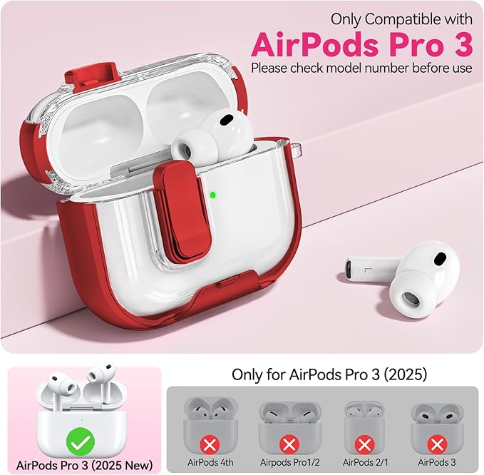 for Airpods Pro 3 Case 2025, Anti-Yellowing Clear Case for Airpods Pro 3 with Secure Lock & Phone Stand, Soft TPU Drop Protection Cover with Cleaning Kit (Red)