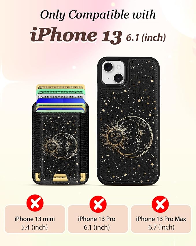 Shorogyt for iPhone 13 Wallet Case - Fits 5 Cards, Compatible with Magsafe Detachable Magnetic Credit Card Holder Leather Cardholder Cute Phone Cover Women Girls for Apple 13, Sun Moon