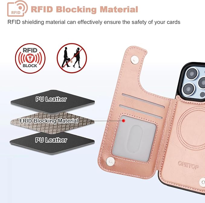ONETOP Compatible with Magsafe for iPhone 13 Pro Wallet Case with Card Holder, PU Leather Kickstand RFID Blocking Case, Double Magnetic Clasp and Durable Shockproof Cover 6.1 Inch (Rose Gold)