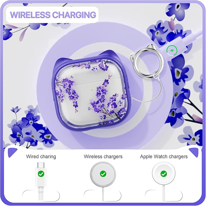 RFUNGUANGO AirPods 4 Case for Women Girly Cat Case with Lock, Phone Stand, Keychain & Cleaner Kit, Compatible with Apple Airpods 4th Generation Case Cover, Wisteria