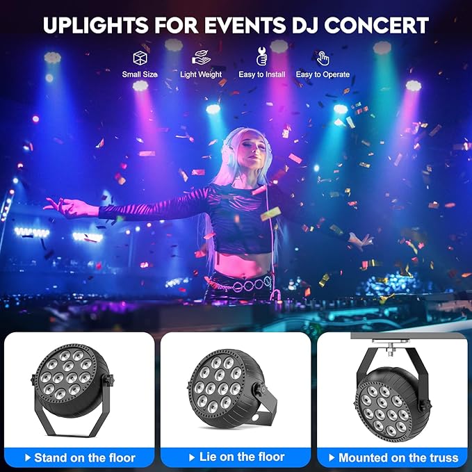 Rechargeable Stage Lights, 2200mAh Battery Powered LED Par Lights with Remote & Sound Activated, 12 RGB Portable Uplights for Events Wedding Party Club Concert Indoor 2Packs