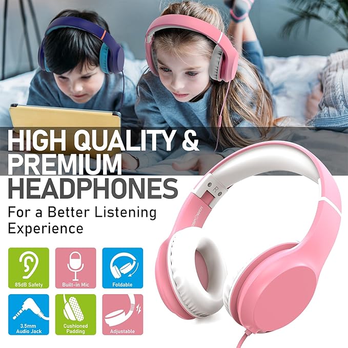 FosPower Kids Headphones with 3.5mm Laced Cables, Children & Teens Over The Ear Foldable Adjustable Headset w/Built-in Mic for Smartphones/PC/Tablet/Laptop/School (Max Volume 85dB) – Pink/White