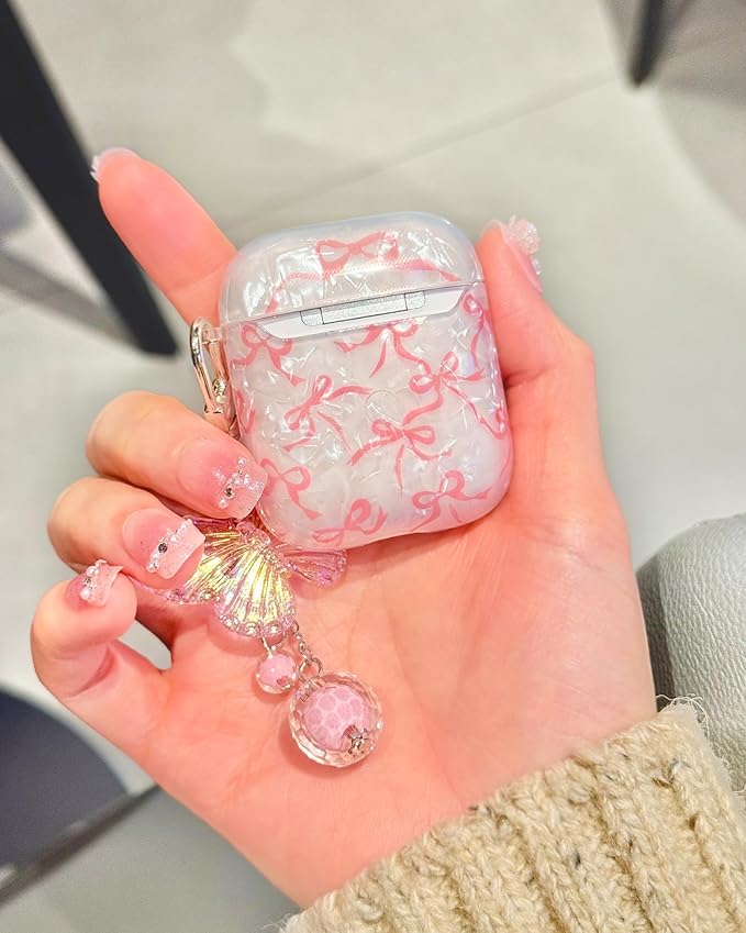 Compatible with AirPods Case Cute, Shell Pattern Shockproof Protective Cover for Girls Women with Butterfly Keychain Designed for AirPods 1st & 2nd Generation, Pink Bow
