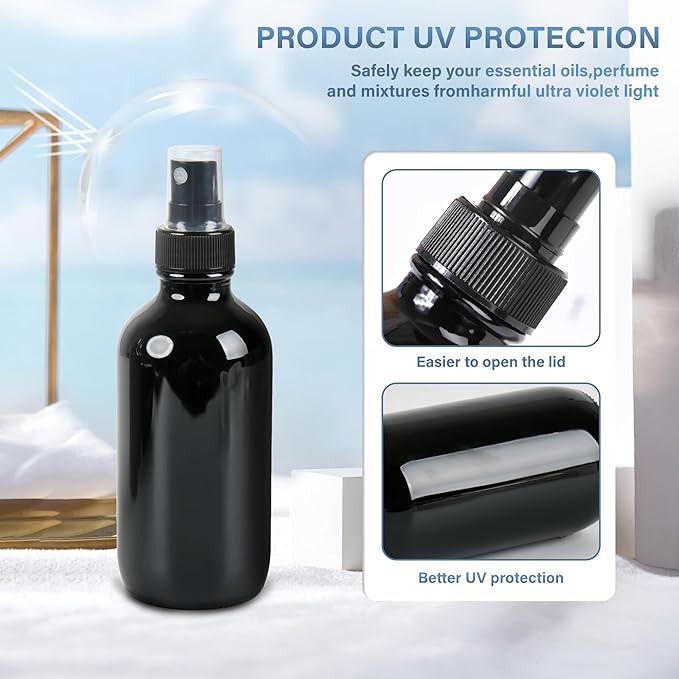 4 PCS, 4 oz Black Glass Mini Spray Bottles, Fine Mist, Refillable Containers for Cleaning Solutions and Skin Care