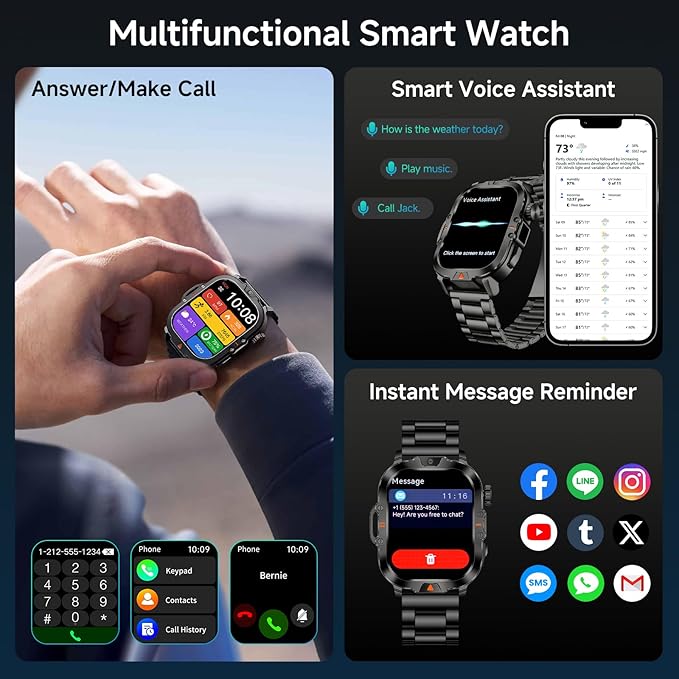 Smart Watch for Men Military Answer/Make Call 2.01″ Display 170+ Sports Modes Fitness Smart Watch IP68 Waterproof 30 Days Standby Smartwatch for Android iOS Silver (2 Straps)