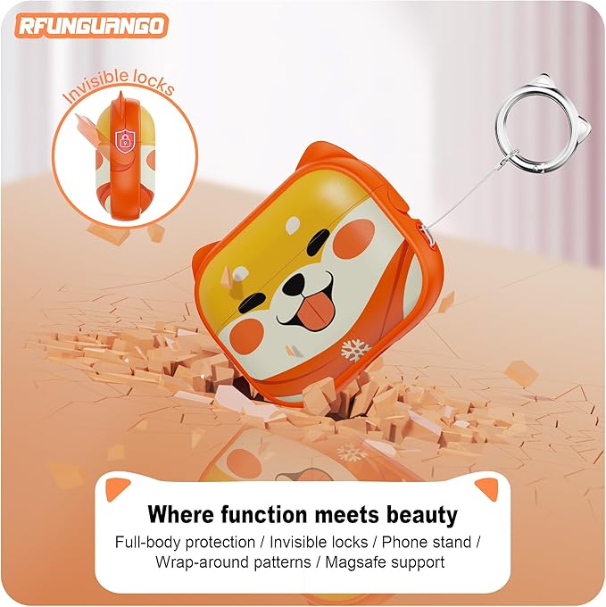 RFUNGUANGO AirPods Pro Case for Women Girly Cat Case with Lock, Phone Stand, Keychain & Cleaner Kit, Compatible with Apple Airpods Pro 2nd/1st Generation Case Cover, Orange Cute Dog
