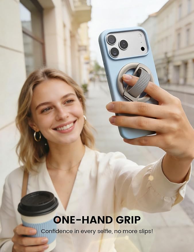 Lamicall Magnetic Phone Grip Holder for MagSafe - [Soft Silicone Loop] Vertical Cell Phone Zinc Alloy Ring Stand Kickstand, Magnet Hand Grip Mag Safe Accessories for iPhone 12-17 Series, Titanium
