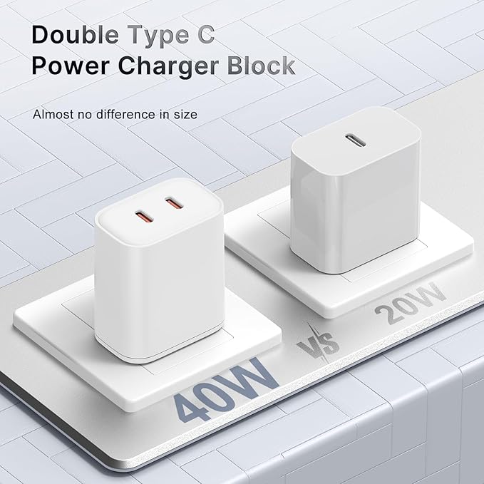 40W Total Dual USB C Charger,2-Port 20W Fast USB C Power Adapter Wall Charger Plug Type C Charging Block for Laptop Computer & Tablets/Phones iPhone 16/15/14/13/,(20W Per Port / 40W Combined)