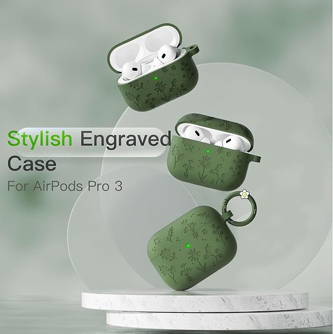 for AirPods Pro 3 Case (2025) DamonLight Floral Engraved Shockproof Protective Soft Silicone Case Cover with Cleaning Pen and Floral Keychain for Apple Airpods Pro 3rd Generation (Olive Green)