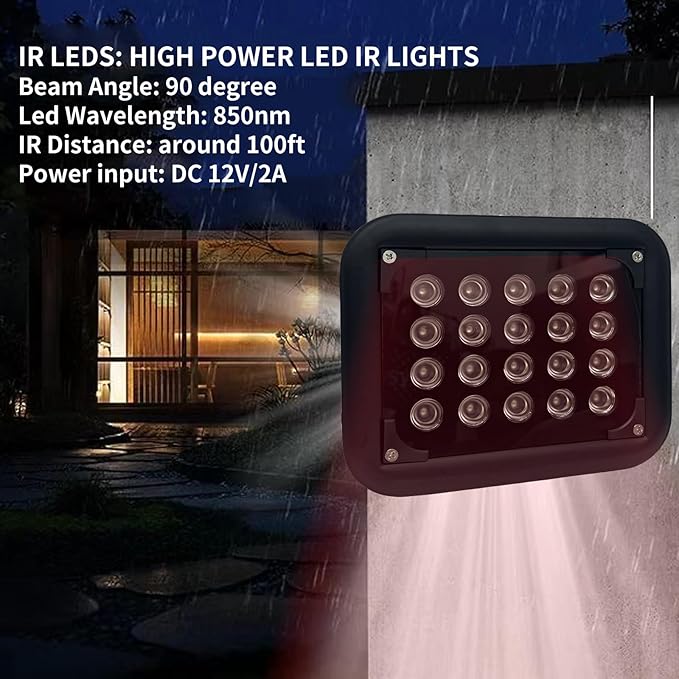 IR Illuminator for CCTV Security Cameras,12V ir Light 6 LED Infrared Illuminator Lights, Rainproof, Automatic Switch at Night (20-lamp IR Illuminator Aluminum)
