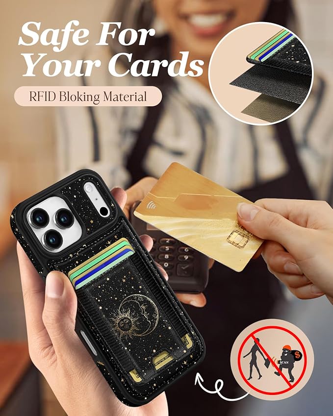 Shorogyt for iPhone 17 Pro Case Wallet - Fits 5 Cards, Compatible with Magsafe Detachable Magnetic Credit Card Holder Leather Cardholder Cute Phone Cover Women Girls for Apple 17Pro, Sun Moon
