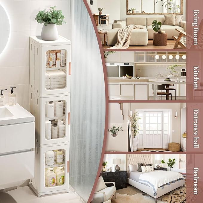 Narrow Storage Cabinet with Doors and Shelves Tall Skinny Bathroom Storage Kitchen Cabinet with Adjustable Shelf Cabinet Organizer Toilet Paper Linen Closet 3 Layer (White)