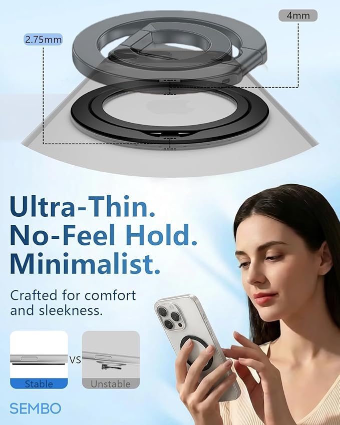 SEMBO Magnetic Phone Ring Holder for MagSafe, 0.1'' Ultra Thin 360° Rotation Cell Phone Grip Stand Finger Ring Kickstand Compatible with iPhone 17 Pro Max 16 15 14 13 12 MagSafe Accessories (Black)