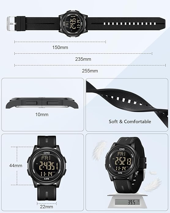 CIVO Digital Watches for Men Women: Sports Waterproof Wristwatch with Stopwatch Alarm Date - LED Backlight Big Numbers Silicone Watch for Outdoor Camping Running Cycling
