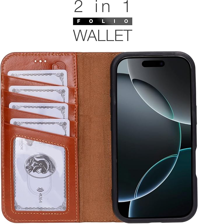 BLACKBROOK Compatible with iPhone 16 Pro Case with Card Holder, Carter Full Grain Leather, 2-in-1 Folio for MagSafe Wireless Charging, RFID Blocking, 4 Card Slots