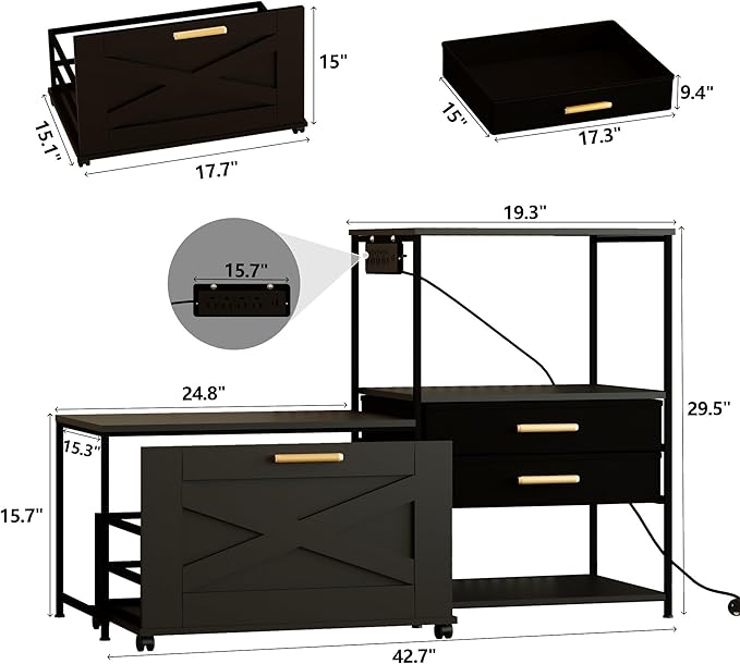 Mini Fridge Stand with Storage, Farmhouse Fridge Cabinet with Power Outlet & Movable Drawers, Microwave Oven Stand with Wheels, Kitchen Bakers Rack for Home Bar Office, Black