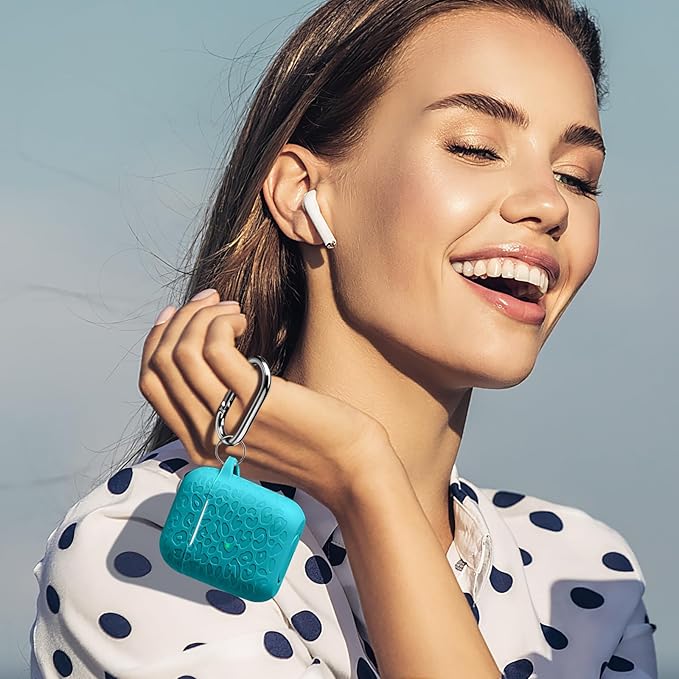 Leropard Engraved for AirPods Case Cover, Cute Soft Silicone Protector with Keychain Compatible with Airpods 2nd/1st Generation,Front LED Visible,Teal