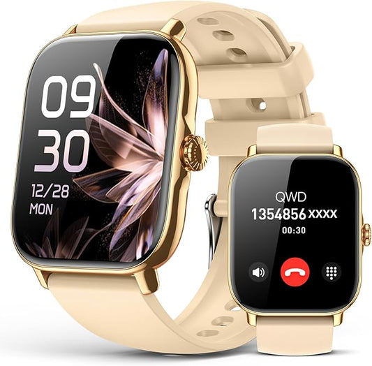 Smart Watch for Women Men- Answer/Make Call, IP68 Waterproof Fitness Step Tracker Watch with Sleep Monitor/Activity Counter/110+ Sport Mode, Smartwatch for Andriod iPhone Compatible, Gold