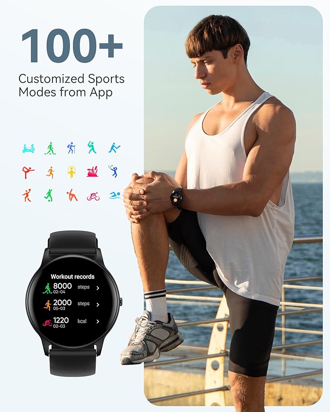 AGPTEK Smart Watch for Women Men, 5ATM Waterproof Smartwatch for Android and iOS Phones, Fitness Tracker Watch with 100+ Sports Modes, Heart Rate Monitor Pedometer Sleep Monitor, Black