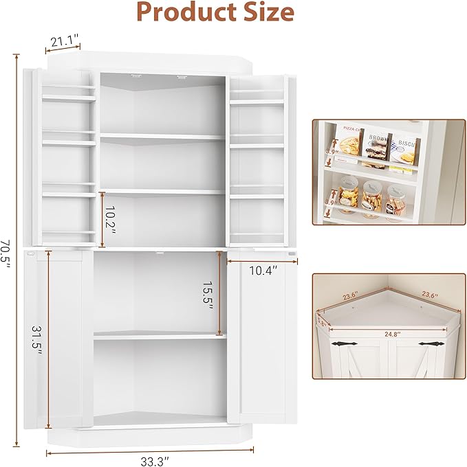 Corner Kitchen Pantry Storage Cabinet with Doors, Kitchen Hutch, 71'' Tall Food Storage Cabinet Furniture for Living Room, Dining Room (White)