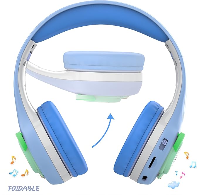 Riwbox CB-7S Kids Wireless Headphones,with Safe Volume Control 74/85/95dB,LED Glow Lights,50H Playtime,Bluetooth V5.3,Built-in Mic, TF Card Slot,for Travel/School/Phone/Laptop(Blue&Grey)