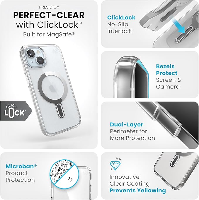 Speck Clear iPhone 17e,15 Case - ClickLock No-Slip Interlock, Built for MagSafe, Drop Protection - for iPhone 15, iPhone 14 & iPhone 13 - Anti-Yellowing 6.1 Inch Phone Case - Presidio Clear/Chrome