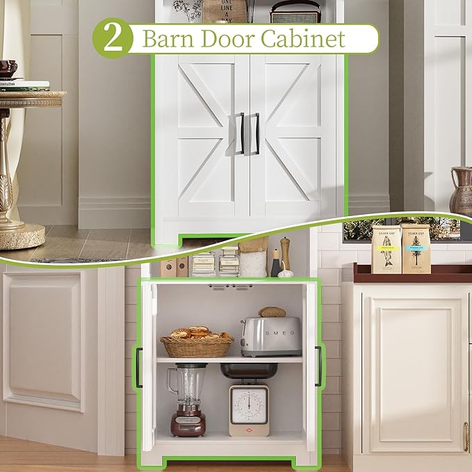 55" Tall Kitchen Pantry Cabient with 2 Microwave Stands, Farmhouse Pantry Storage Cabinet with Barn Doors and Large Drawer, Rustic Freestanding Cupboard for Kitchen and Dining Room (White)