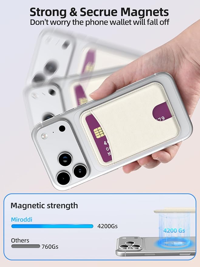 Miroddi for Magsafe Wallet, Magnetic Card Holder for iPhone 17/16/15/14/13/12 Series, Leather Magnet Phone Wallet Fit 4 Cards 3 Cash, Ultra-Thin, RFID Blocking, Cream White
