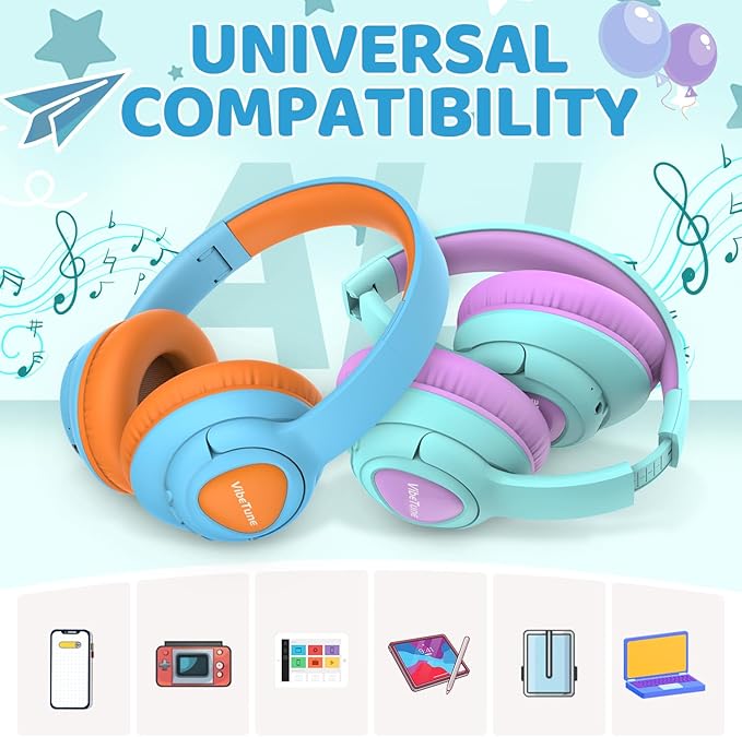 VibeTune Kids Bluetooth Headphones, 60H Playtime, Volume Limited 85/94dB, Bluetooth 5.4, Type-C Fast Charging, Foldable Wireless Headphones for Kids, Toddler Headsets with HD Mic-Blue