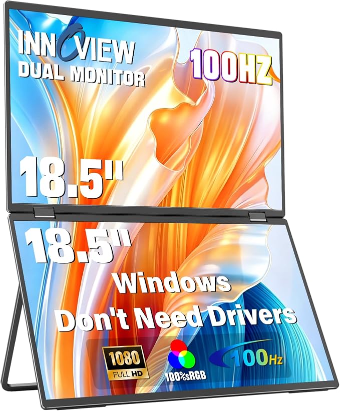 InnoView 18.5" 100Hz Dual Portable Monitor Built-in Speakers 115% sRGB 315°Adjustable Dual Stacked Folding Monitor (Wins/Mac) 1080P Laptop Screen Extender for Laptop(No Driver Needed)