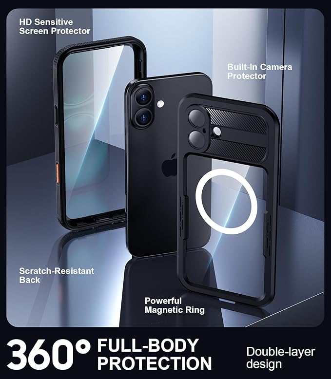 Red2Fire Magnetic for iPhone 16 Case Waterproof, [Built-in Screen Protector][Compatible with MagSafe] [Full Body Shockproof] [Dustproof] Heavy Duty Rugged Phone Cover 6.1" Black
